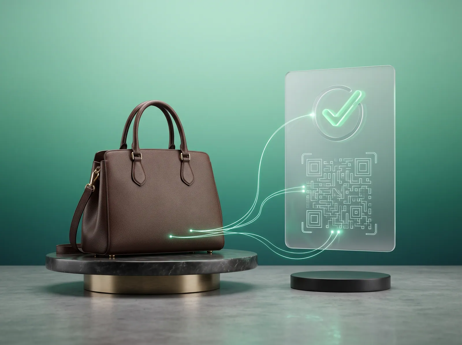 Borsa in pelle su un piedistallo accanto a un certificato digitale con codice QR